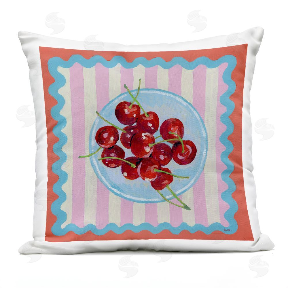 Rachael Reese Red Cherries over Pink Stripes Outdoor Square Printed Throw Pillow