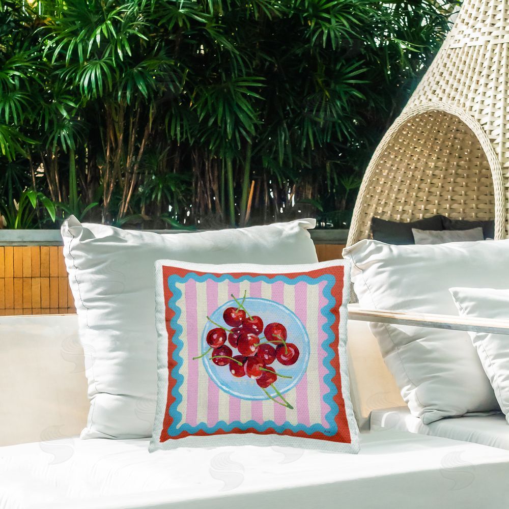 Rachael Reese Red Cherries over Pink Stripes Outdoor Square Printed Throw Pillow on Seat