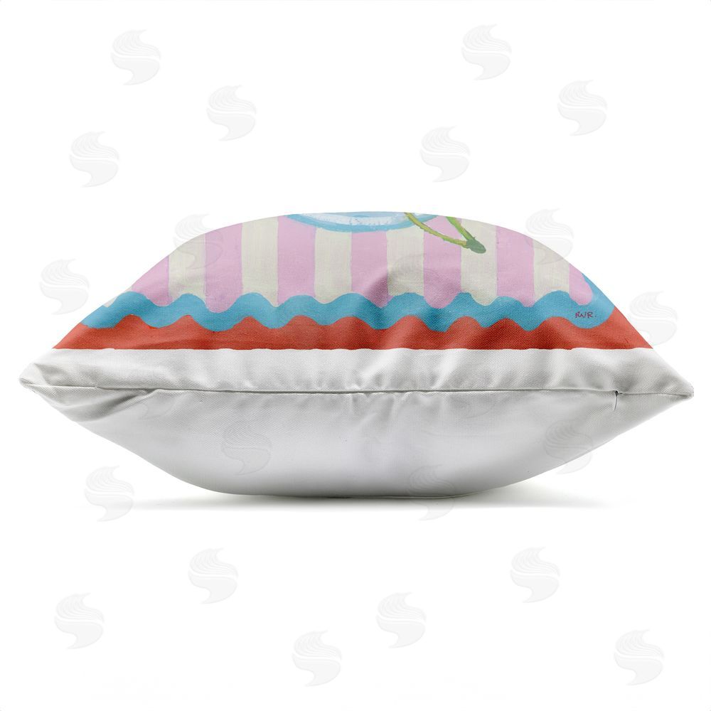 Rachael Reese Red Cherries over Pink Stripes Outdoor Square Printed Throw Pillow Side View with Zipper Detail