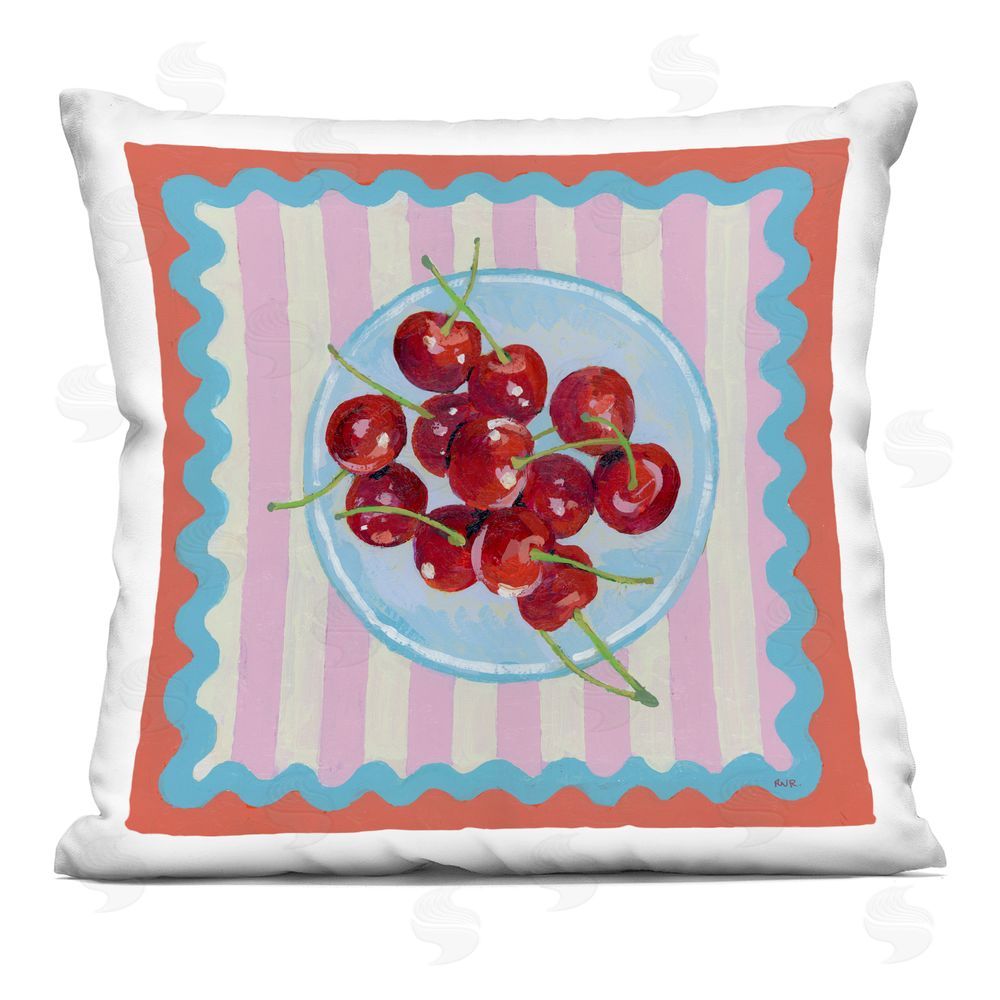 Rachael Reese Red Cherries over Pink Stripes Square Printed Throw Pillow