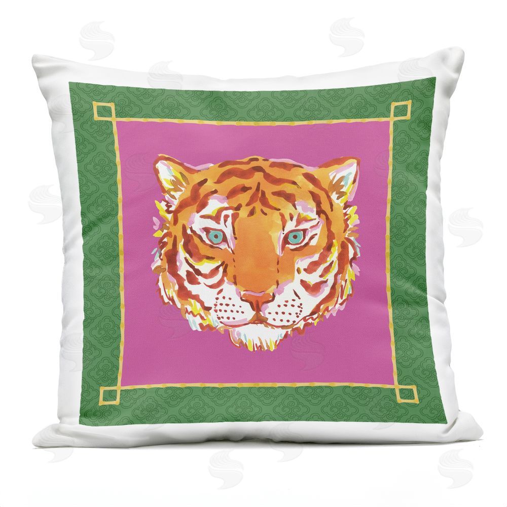 Karolina Sato Bordered Exotic Tiger Portrait Outdoor Square Printed Throw Pillow