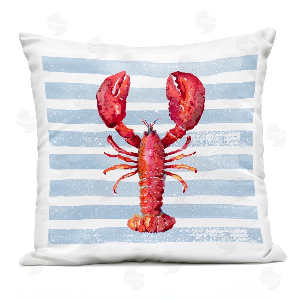 Patricia Pinto Red Lobster on Blue Stripes Outdoor Square Printed Throw Pillow