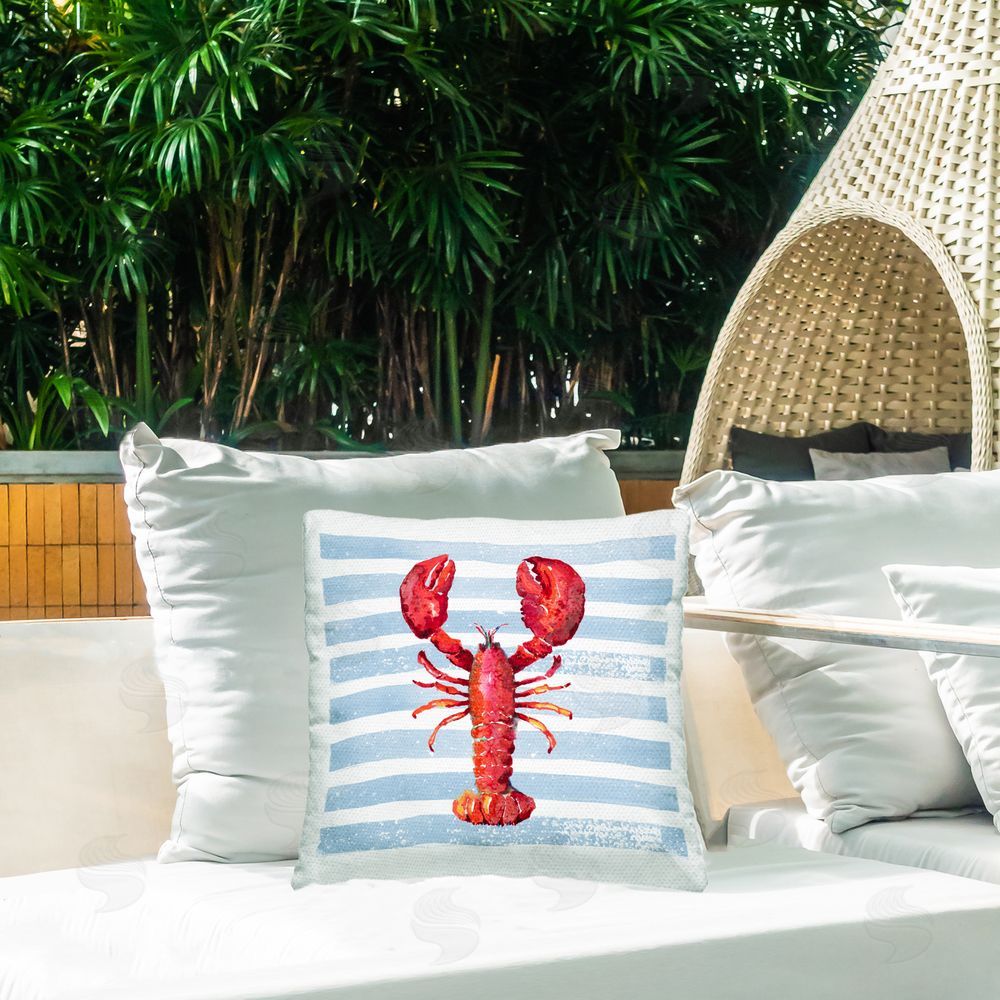 Patricia Pinto Red Lobster on Blue Stripes Outdoor Square Printed Throw Pillow on Seat