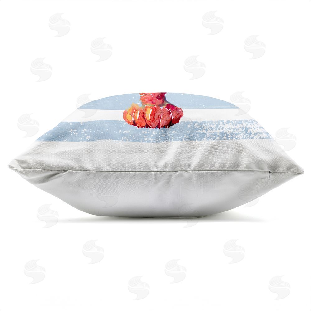 Patricia Pinto Red Lobster on Blue Stripes Outdoor Square Printed Throw Pillow Side View with Zipper Detail