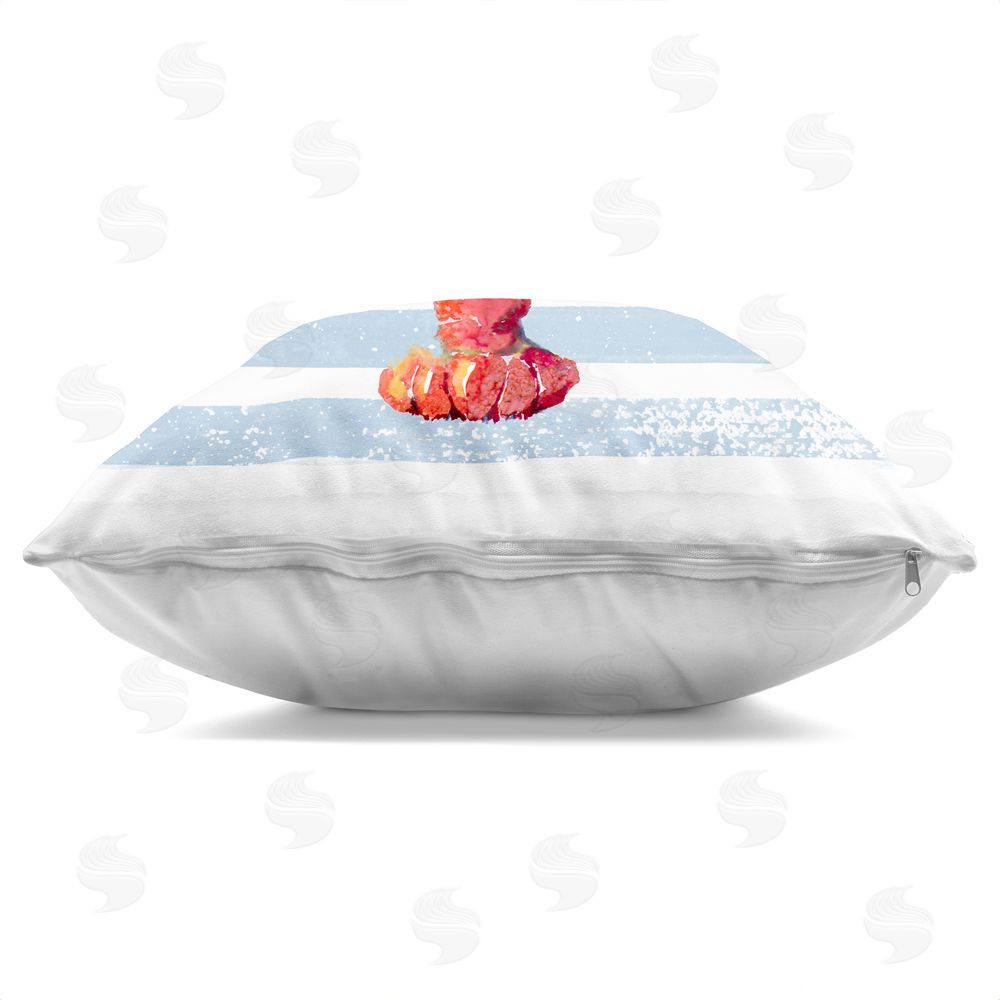 Patricia Pinto Red Lobster on Blue Stripes Square Printed Throw Pillow Side View with Zipper Detail