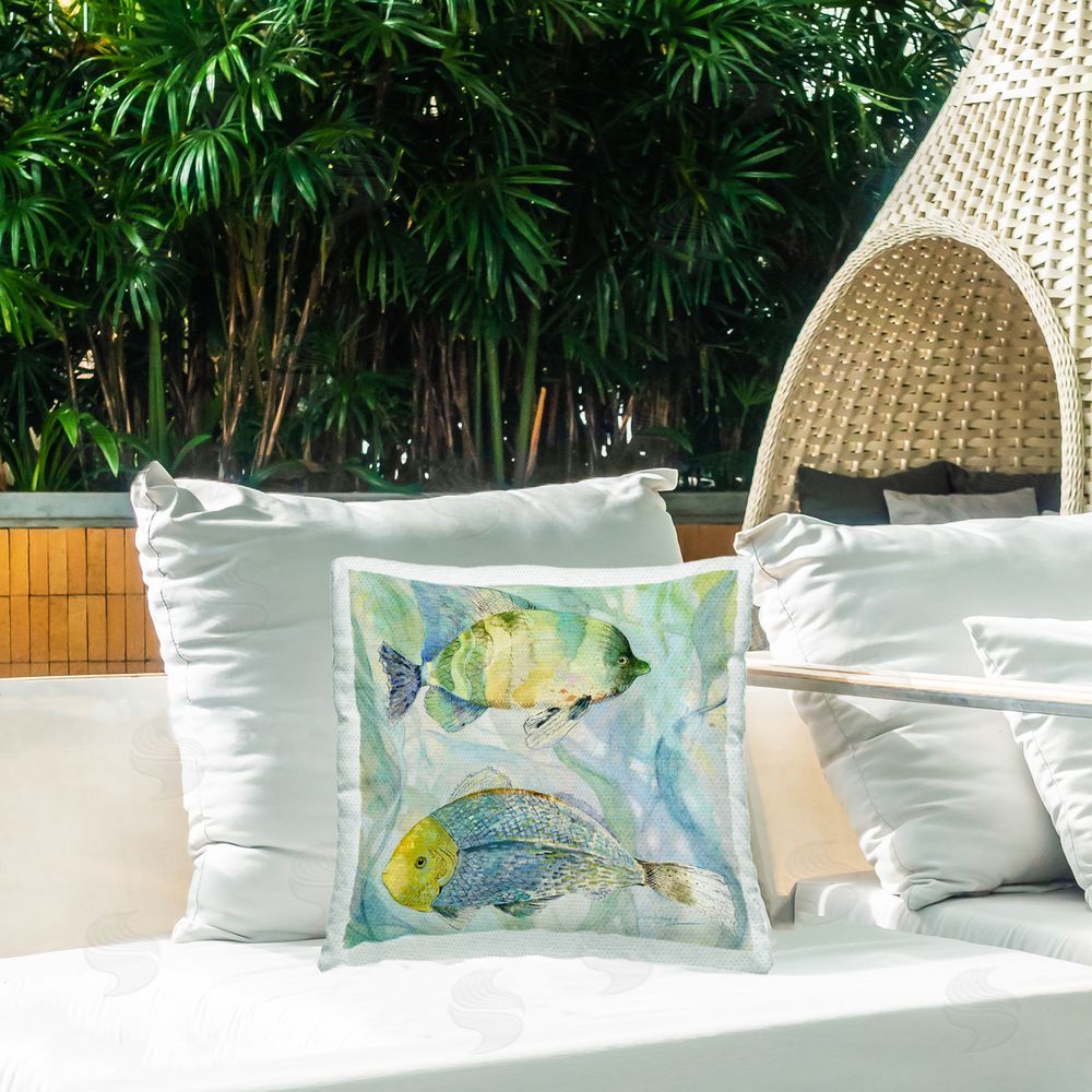 Lorenzo Collective Sweet Fish Duo Blue Green Outdoor Square Printed Throw Pillow on Seat
