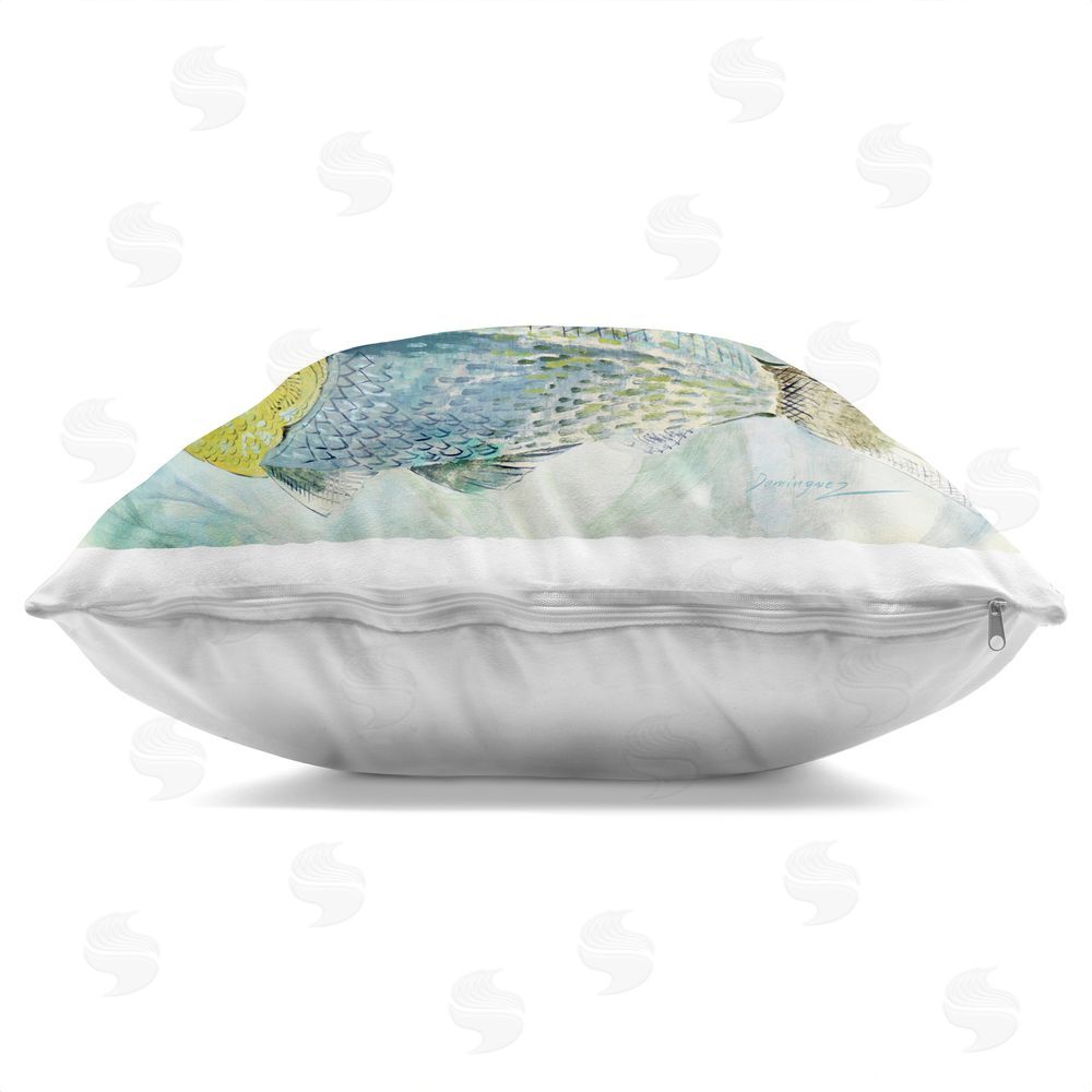 Lorenzo Collective Sweet Fish Duo Blue Green Square Printed Throw Pillow Side View with Zipper Detail