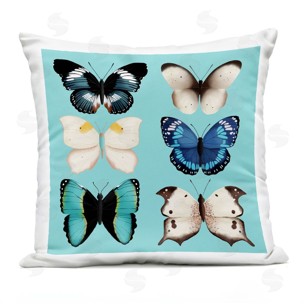 Metka Hiti Six Diverse Butterflies on Turquoise Square Outdoor Quick-Dry Polyester Throw Pillow