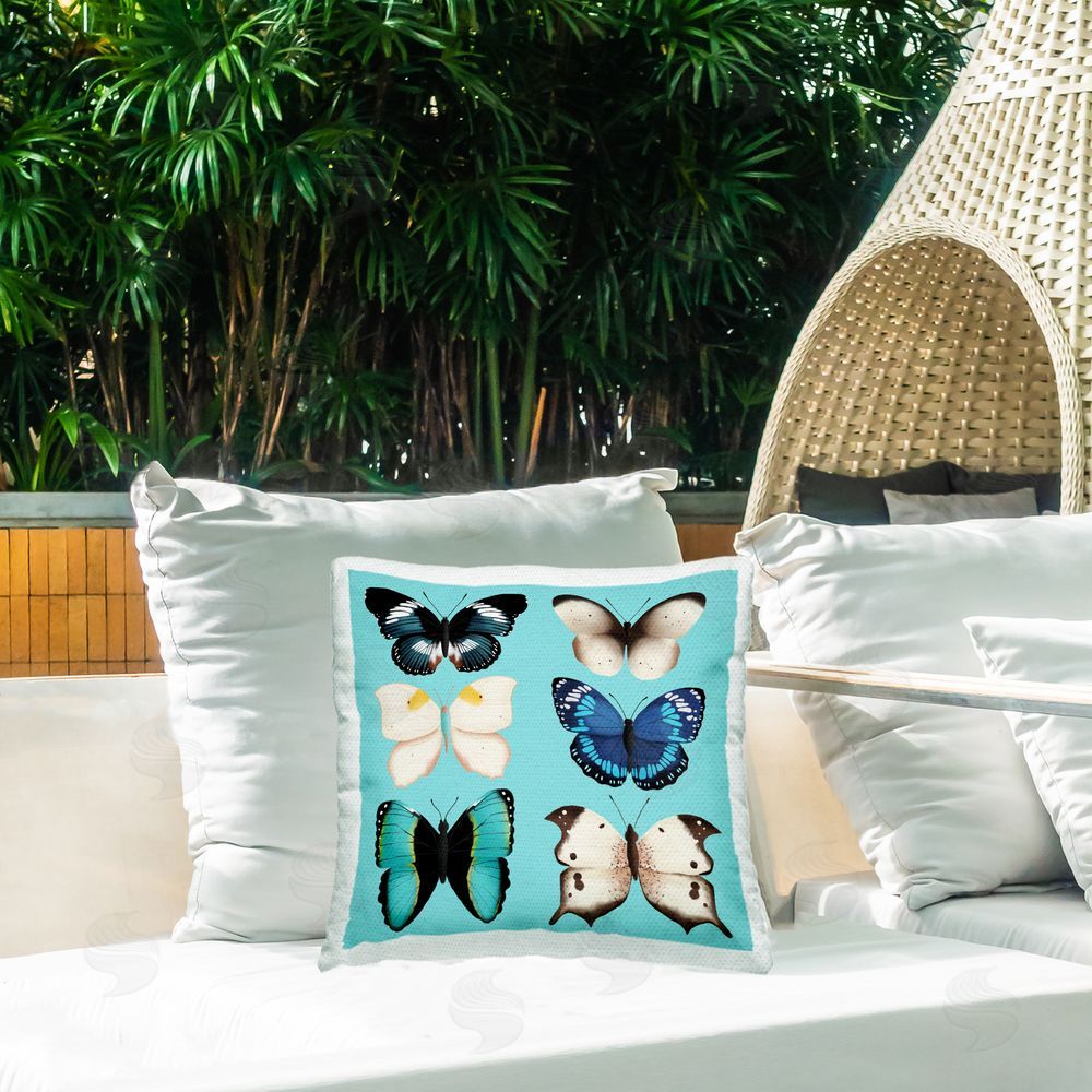 Metka Hiti Six Diverse Butterflies on Turquoise Square Outdoor Quick-Dry Polyester Throw Pillow on Seat