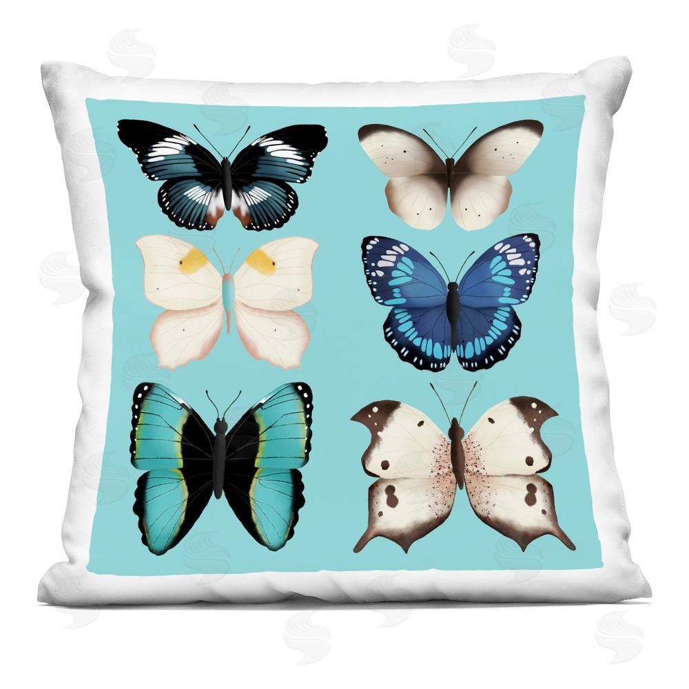 Metka Hiti Six Diverse Butterflies on Turquoise Square Plush Polyester Throw Pillow