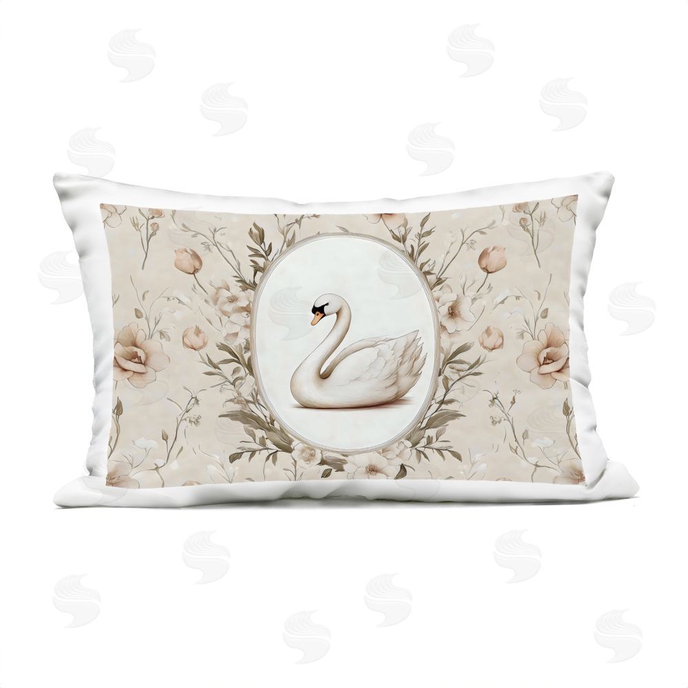Arlington Prints Swan Vignette in Floral Border Outdoor Printed Lumbar Throw Pillow