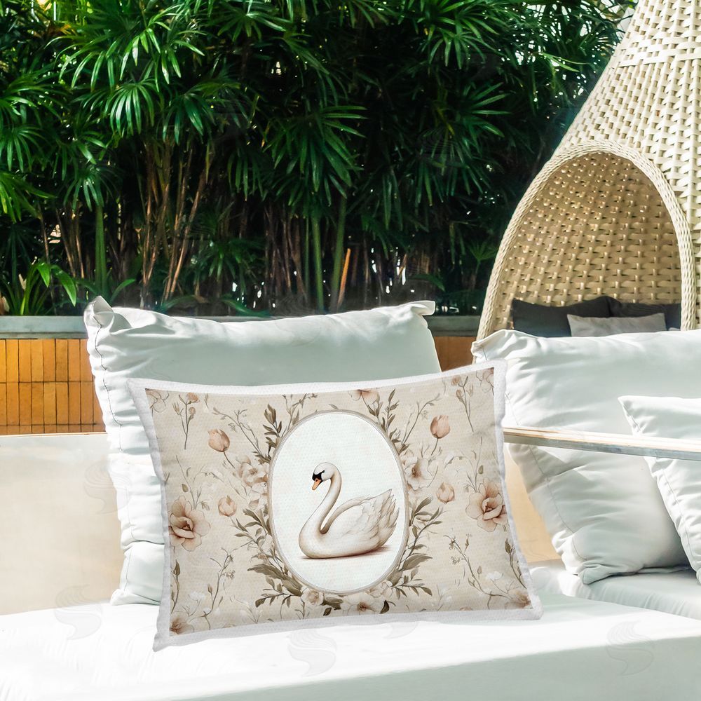 Arlington Prints Swan Vignette in Floral Border Outdoor Printed Lumbar Throw Pillow on Seat