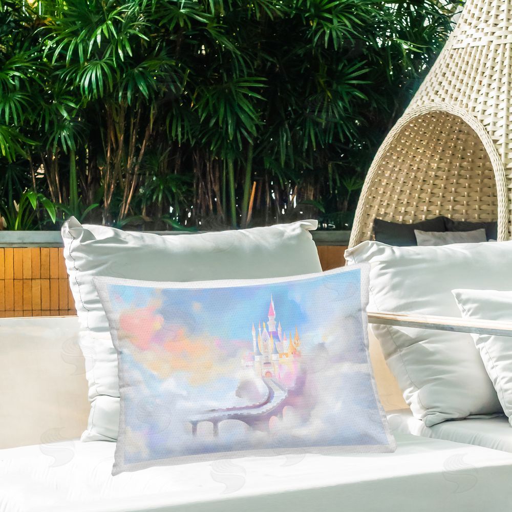 Arlington Prints Enchanted Bridge To Castle Outdoor Printed Lumbar Throw Pillow on Seat