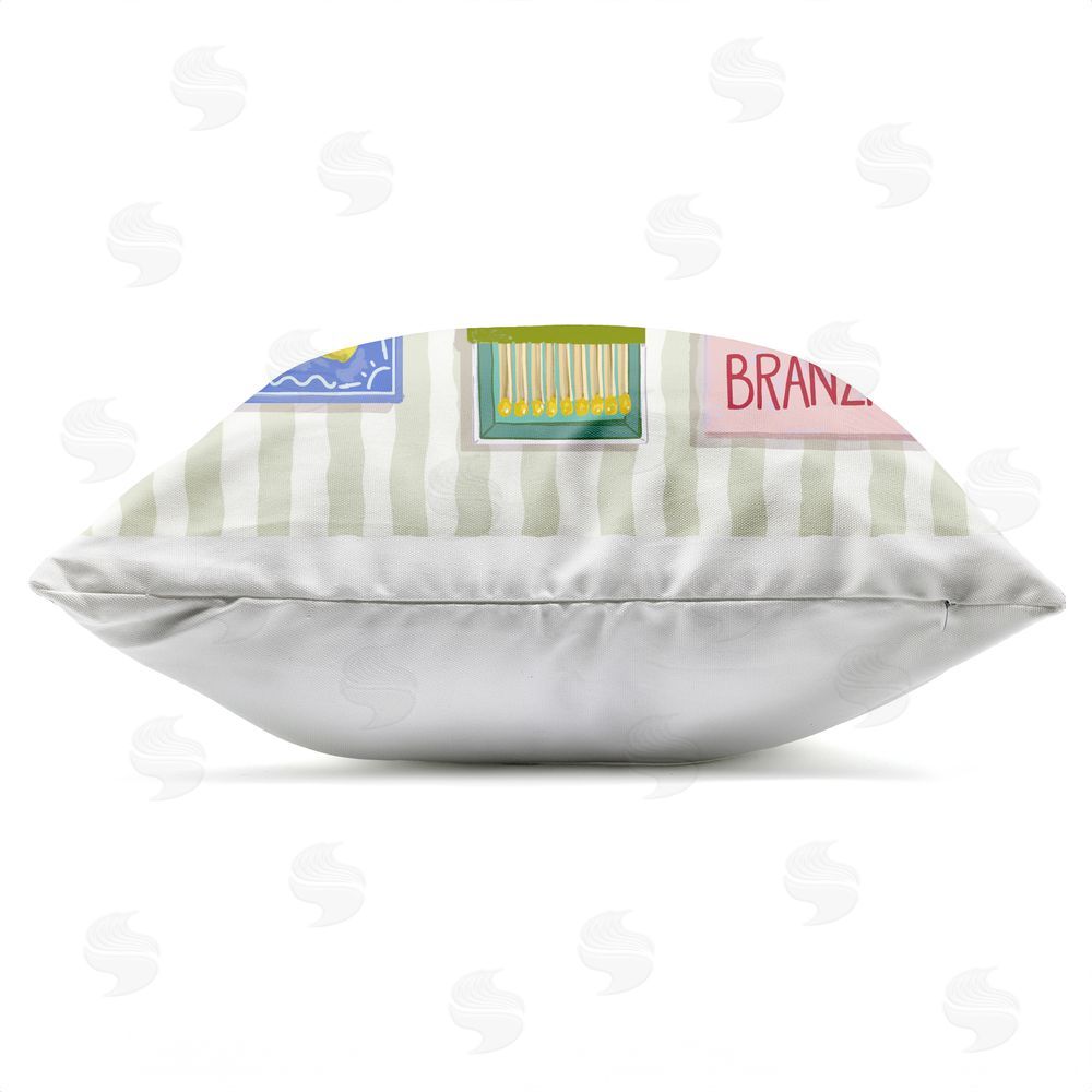 Rachel Nerney Ciao Bella Seaside Matchboxes Outdoor Square Printed Throw Pillow Side View with Zipper Detail