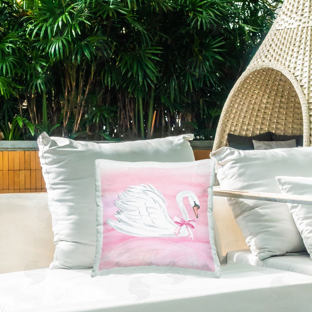 Corinne Haig Pink Bow Swan Outdoor Square Printed Throw Pillow on Seat