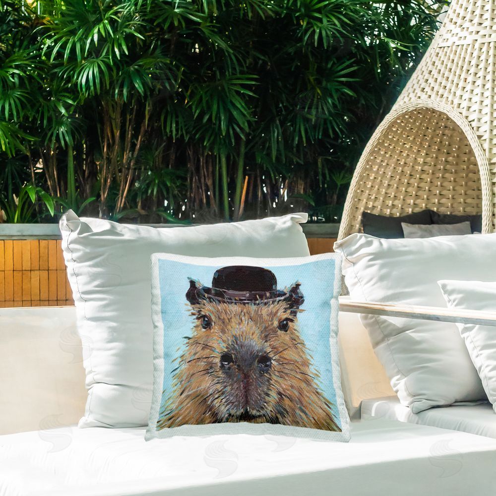 Studio Bautista Closeup Capybara with Hat Outdoor Printed Throw Pillow on Patio