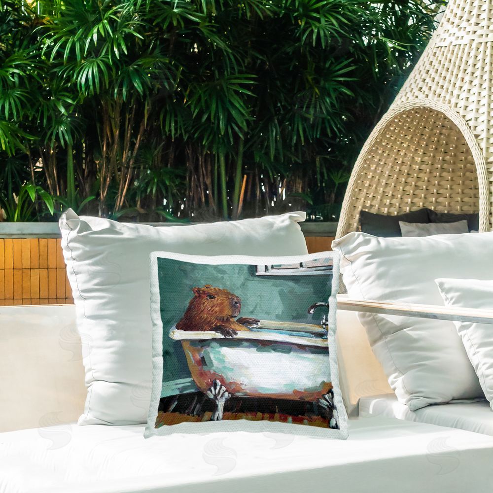 Studio Bautista Capybara in Bubble Bath Outdoor Printed Throw Pillow on Patio