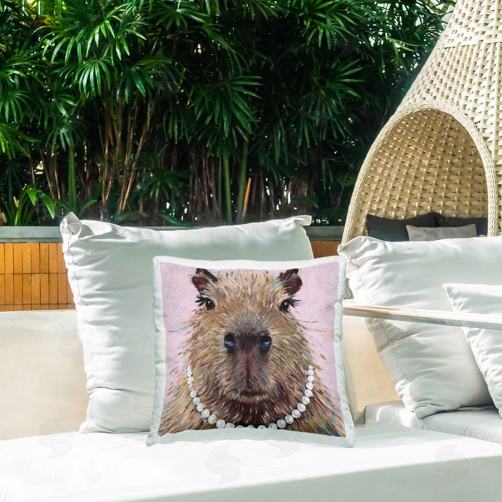 Studio Bautista Capybara with Pearl Necklace Outdoor Printed Throw Pillow on Patio