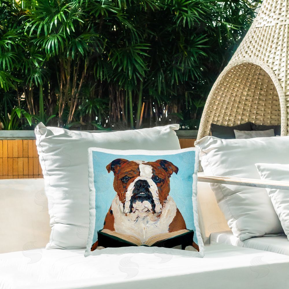 Studio Bautista Bulldog Reading Book Outdoor Printed Throw Pillow on Patio