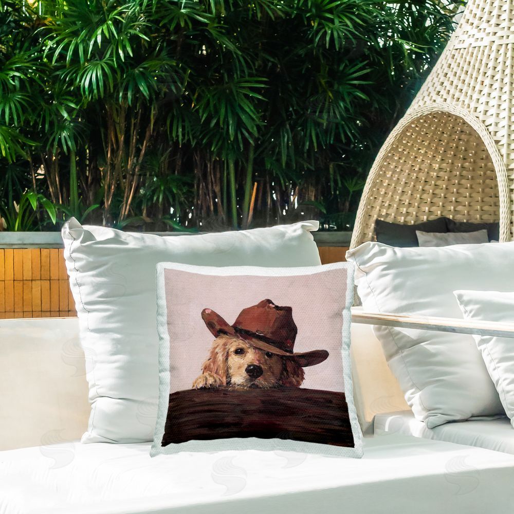 Studio Bautista Peeking Cowboy Dog Outdoor Printed Throw Pillow on Patio