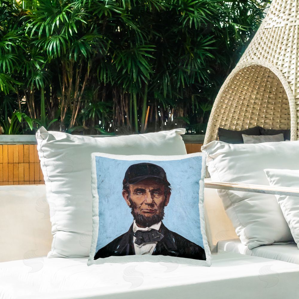 Studio Bautista Honest Abe with Baseball Cap Outdoor Printed Throw Pillow on Patio