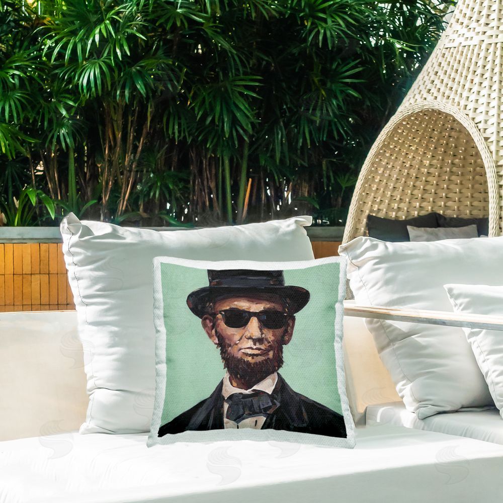 Studio Bautista Honest Abe With Shades Outdoor Printed Throw Pillow on Patio
