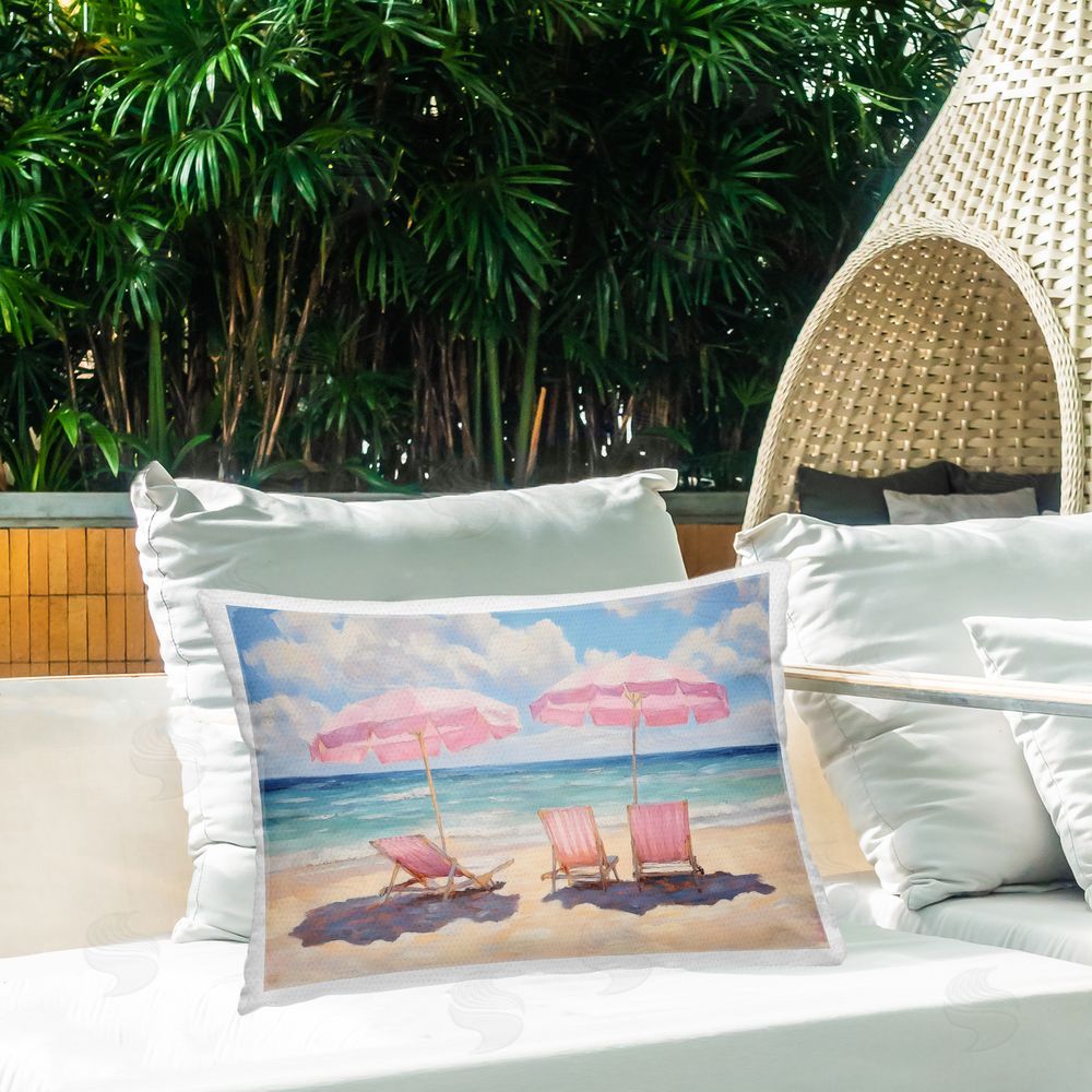 LSR Design Studio Pink Summer Chairs by the Sea Outdoor Printed Lumbar Throw Pillow on Seat