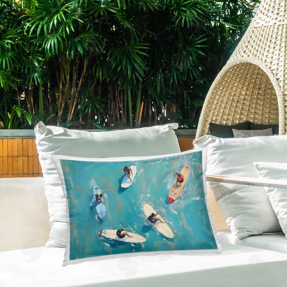 LSR Design Studio Group of Surfers at Sea Outdoor Printed Lumbar Throw Pillow on Seat