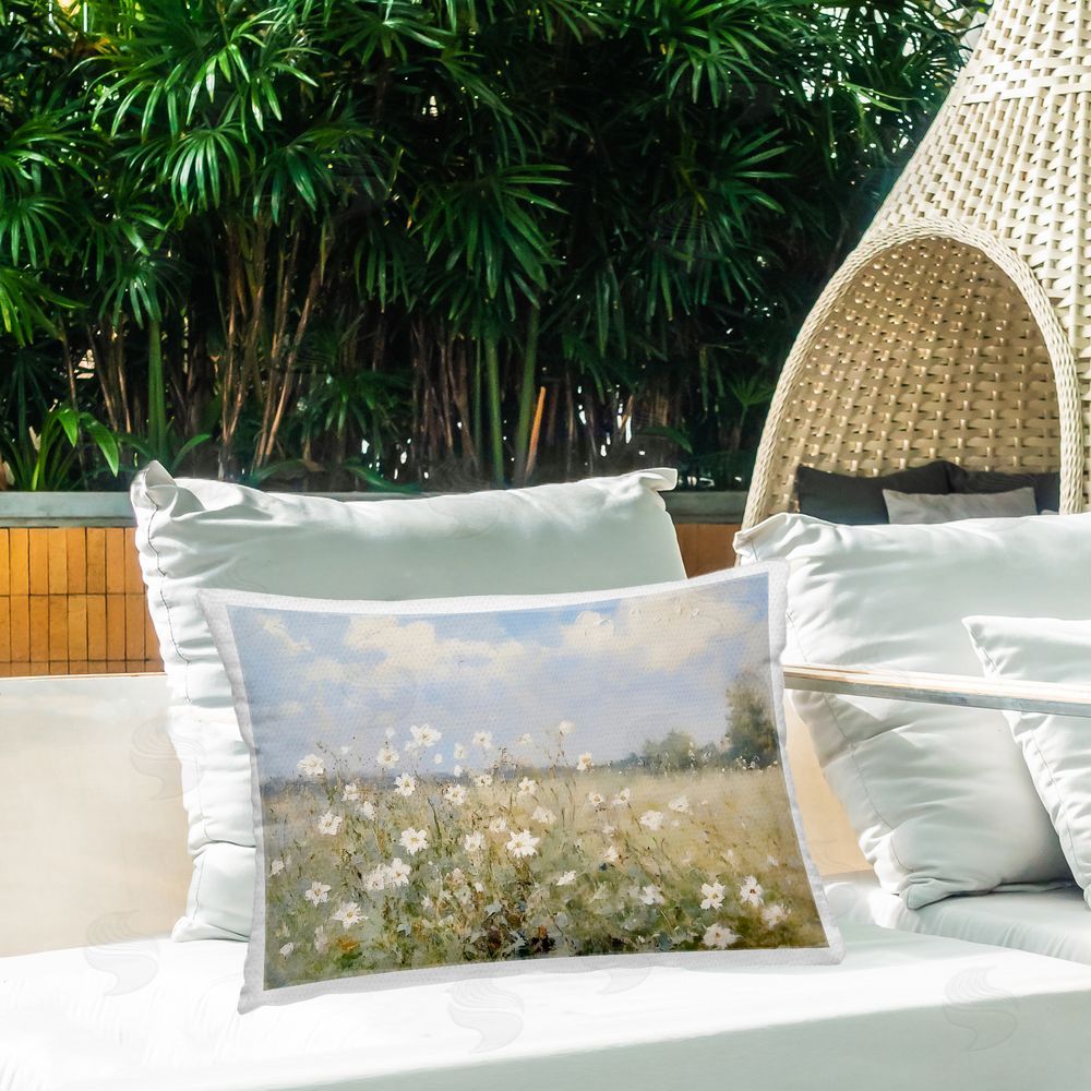 LSR Design Studio Neutral Wildflower Field in Bloom Outdoor Printed Lumbar Throw Pillow on Seat