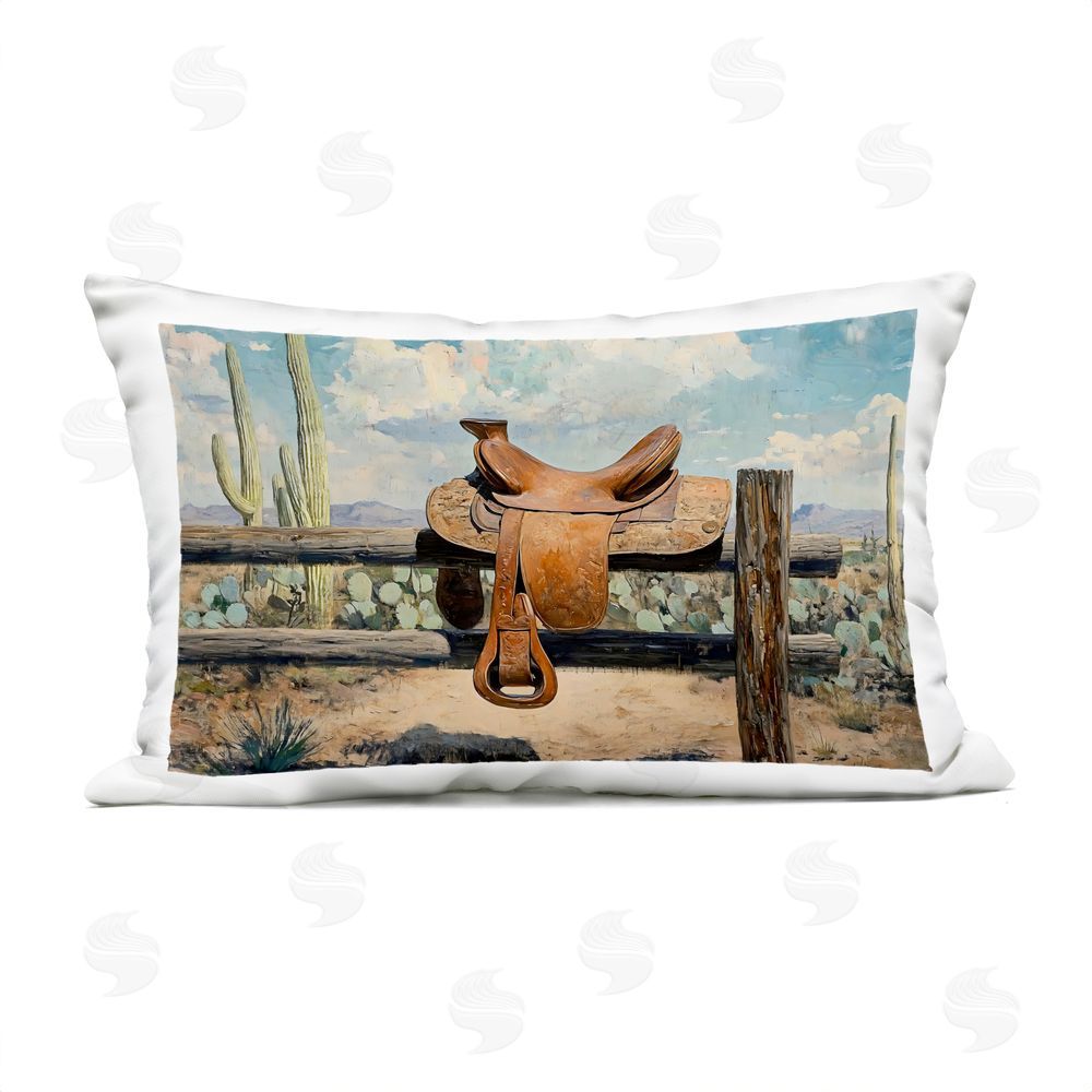 Franklyn Gregory Saddle on Desert Fence Outdoor Printed Lumbar Throw Pillow