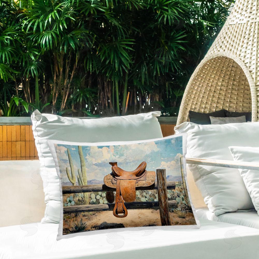 Franklyn Gregory Saddle on Desert Fence Outdoor Printed Lumbar Throw Pillow on Seat