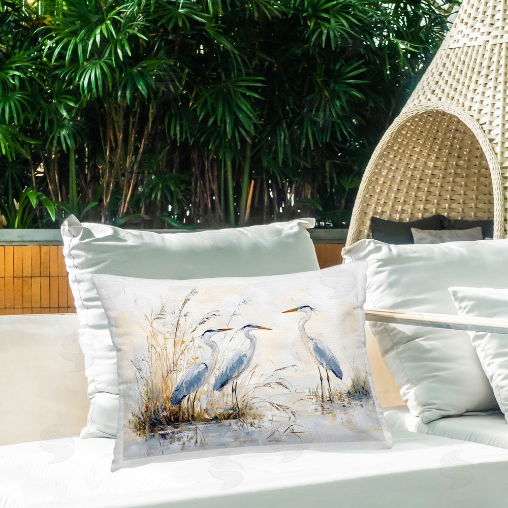 LSR Design Studio Blue Heron Trio in Wetlands Outdoor Printed Lumbar Throw Pillow on Seat