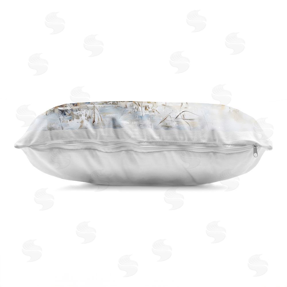 LSR Design Studio Blue Heron Trio in Wetlands Printed Lumbar Throw Pillow Side View with Zipper Detail