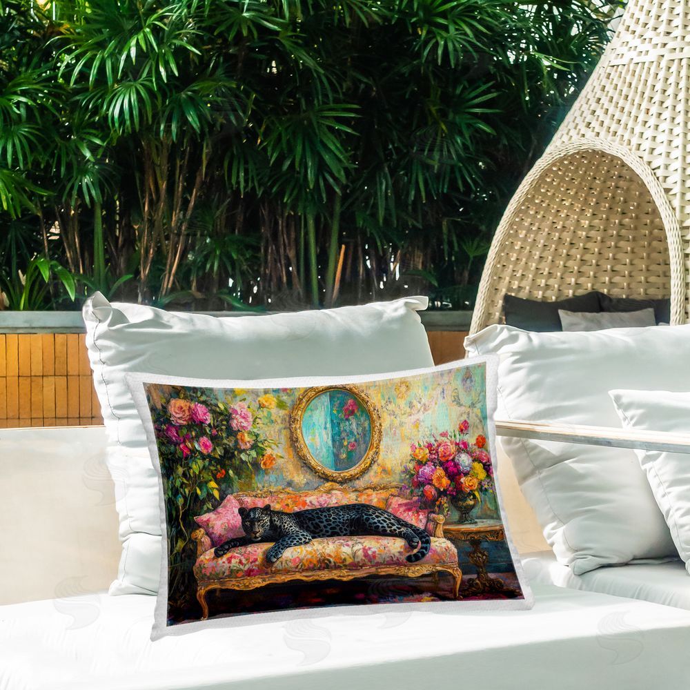 Petal Prints Design Lounging Leopard on Floral Sofa Outdoor Printed Lumbar Throw Pillow on Seat