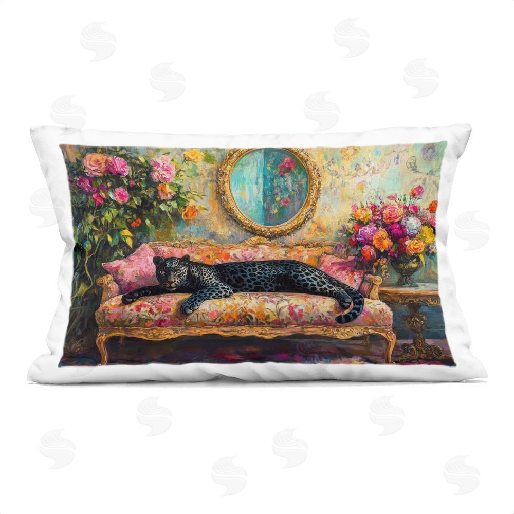 Petal Prints Design Lounging Leopard on Floral Sofa Printed Lumbar Throw Pillow