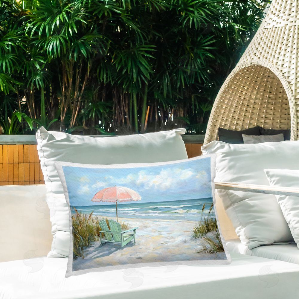 Creative Studio Seaside Chair & Pink Umbrella Outdoor Printed Lumbar Throw Pillow on Seat