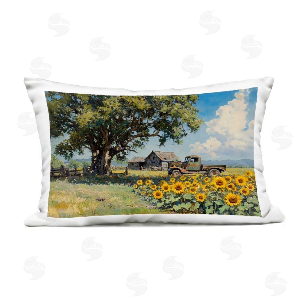 Franklyn Gregory Sunflower Pickup by Old Barn Outdoor Printed Lumbar Throw Pillow