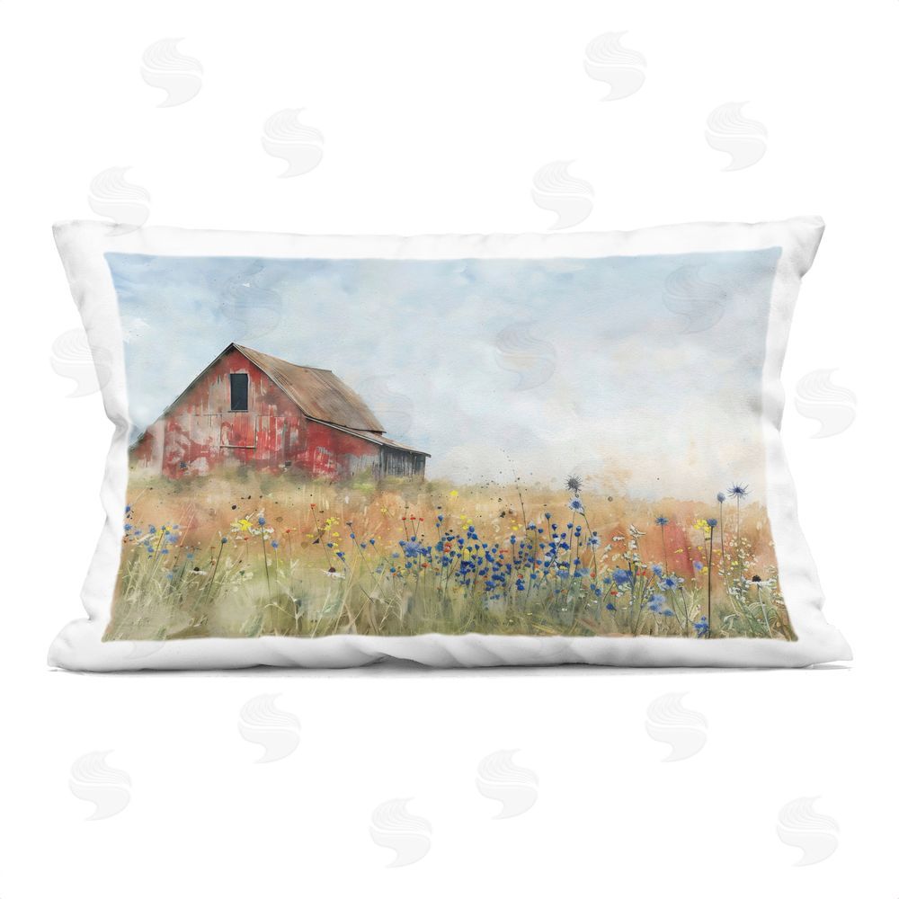 Creative Studio Rustic Barn in Colorful Meadow Printed Lumbar Throw Pillow