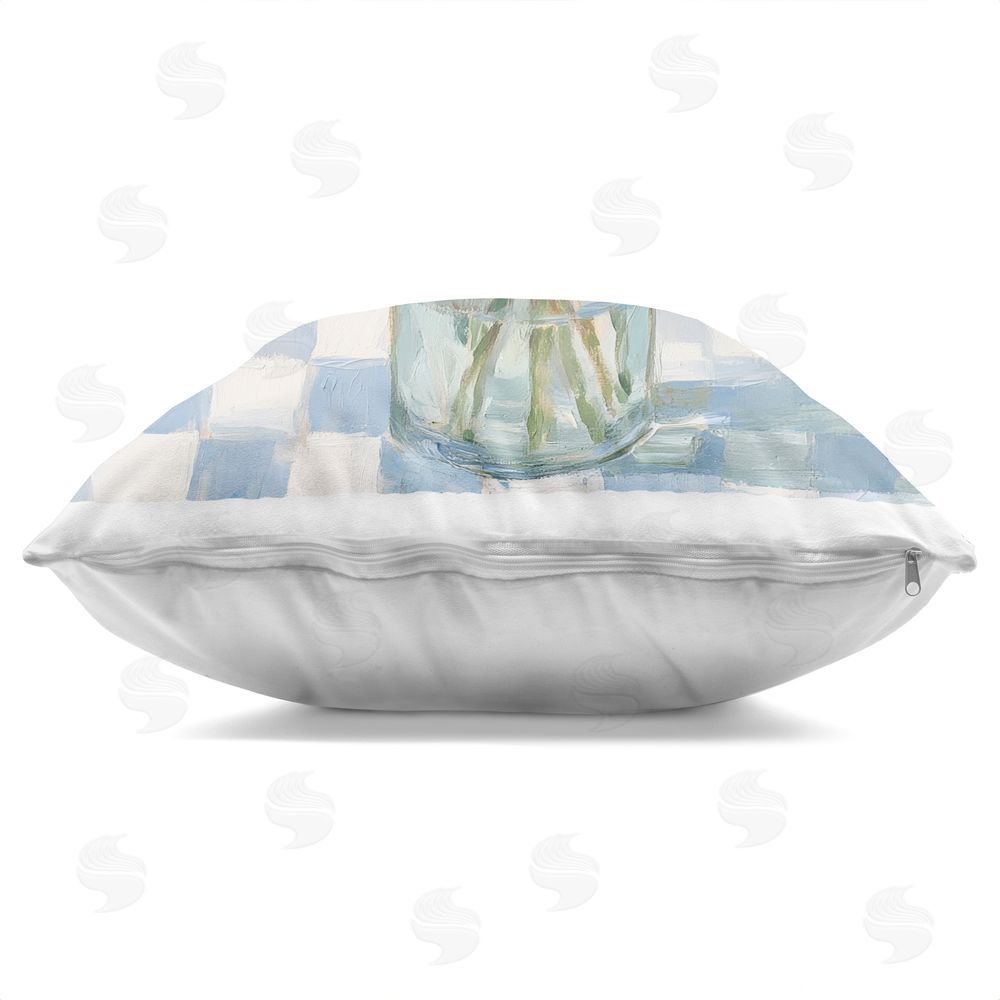 Petal Prints Design Hydrangea Picnic on Checkered  Square Printed Throw Pillow Side View with Zipper Detail