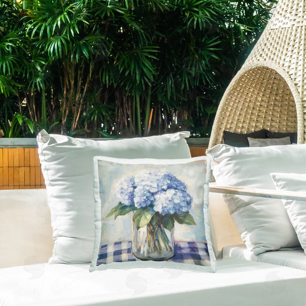 Petal Prints Design Hydrangeas on Gingham Tablecloth Outdoor Square Printed Throw Pillow on Seat