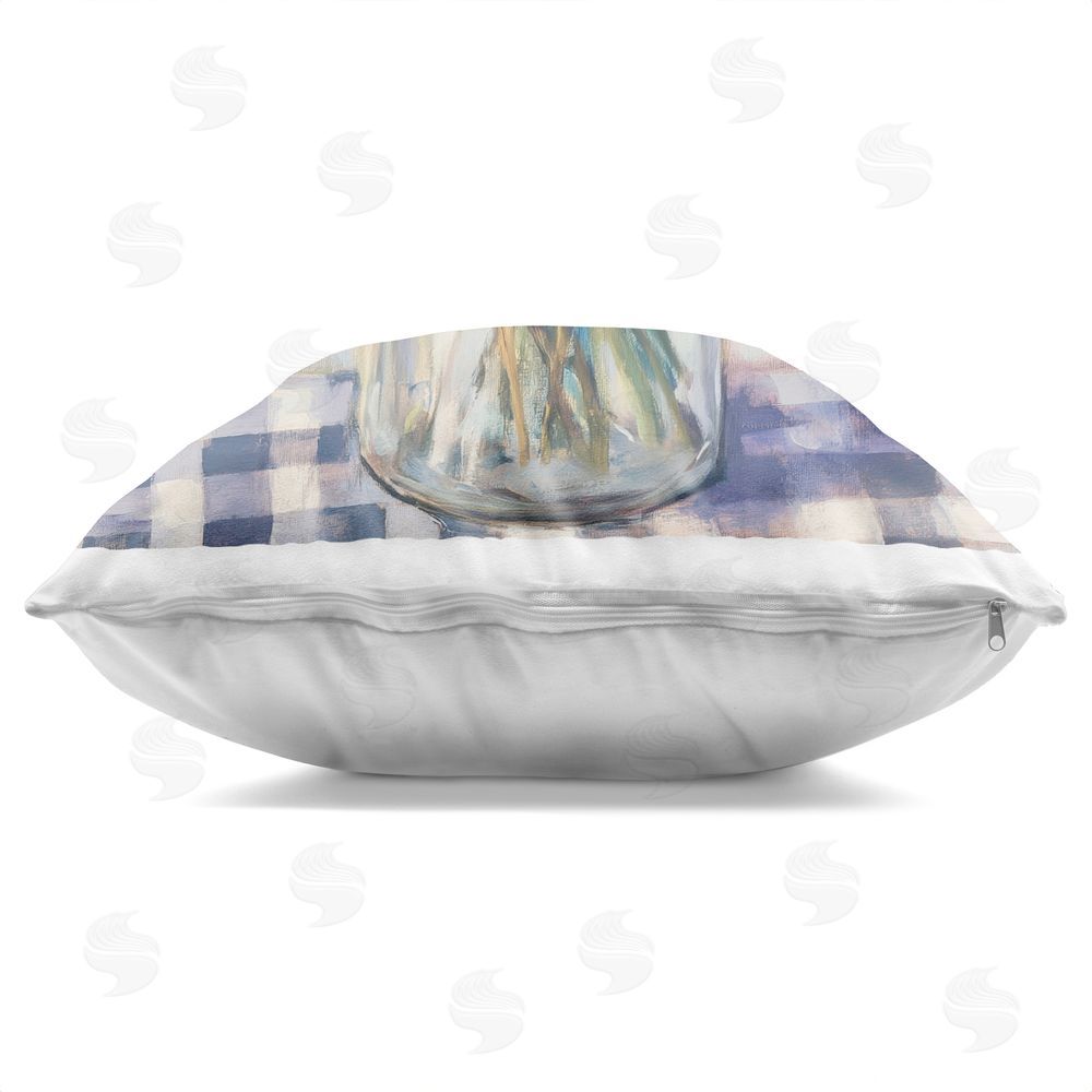 Petal Prints Design Hydrangeas on Gingham Tablecloth Square Printed Throw Pillow Side View with Zipper Detail