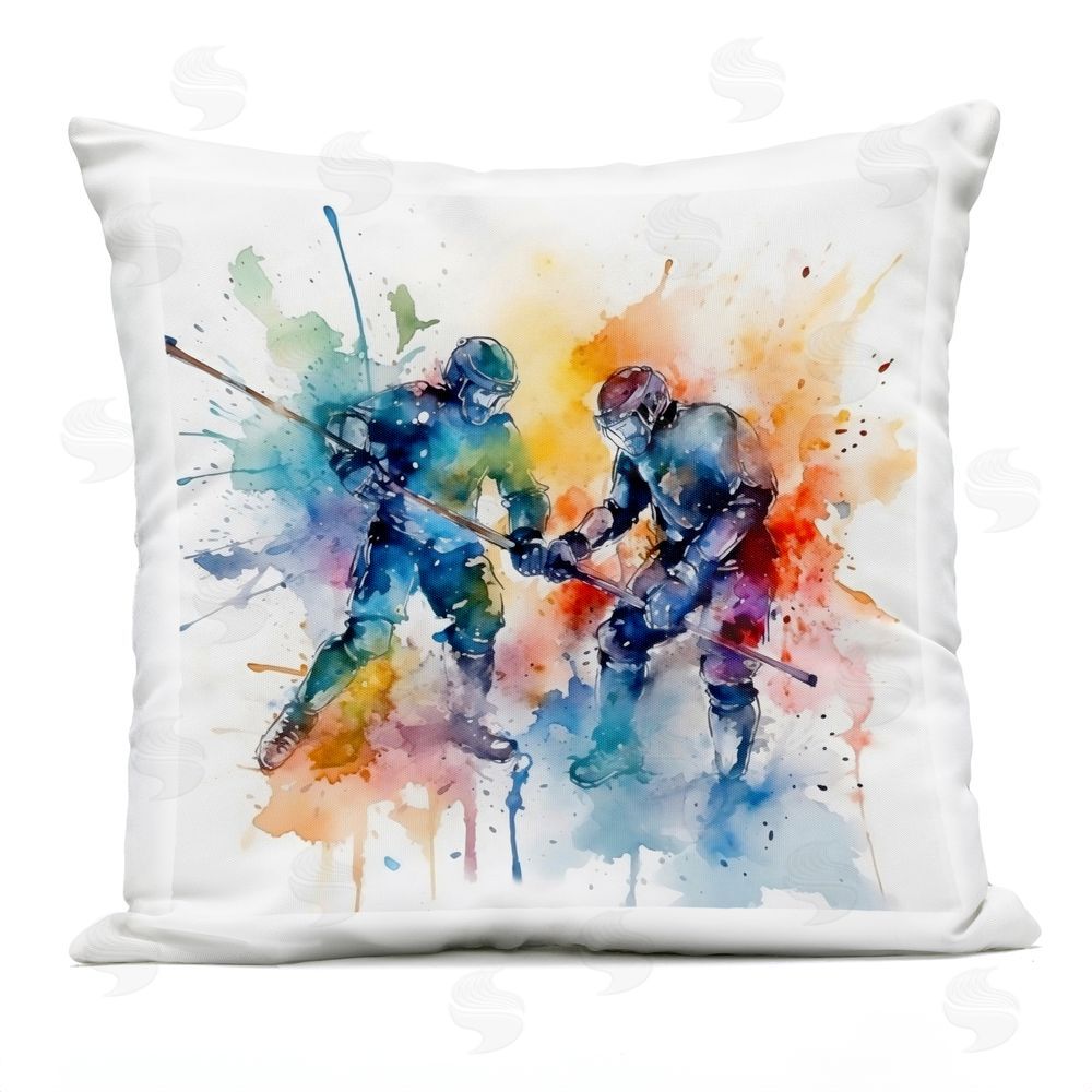 Creative Studio Watercolor Hockey Faceoff Outdoor Square Printed Throw Pillow