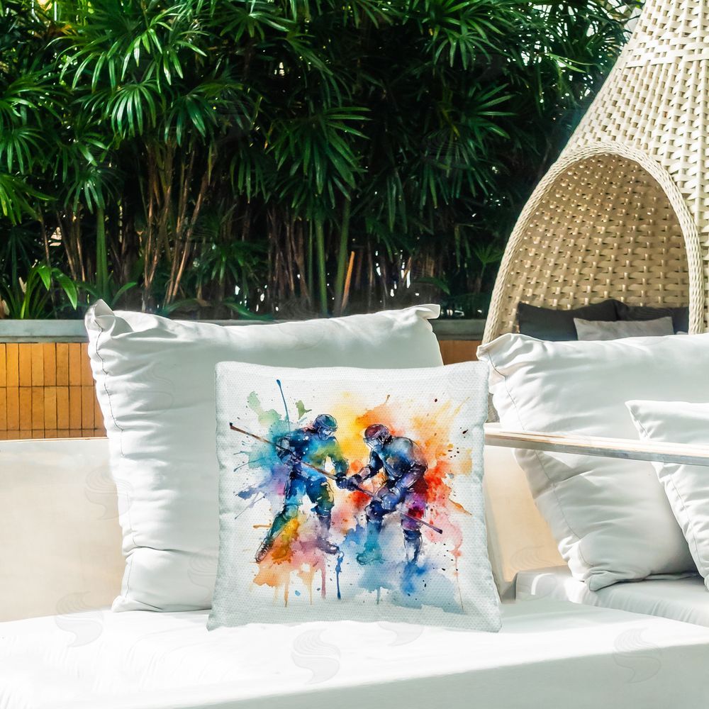 Creative Studio Watercolor Hockey Faceoff Outdoor Square Printed Throw Pillow on Seat