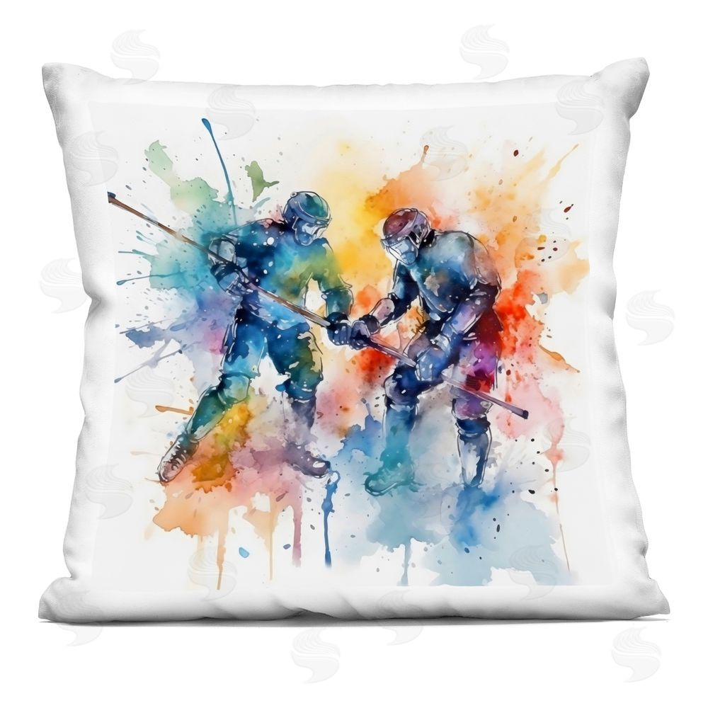 Creative Studio Watercolor Hockey Faceoff Square Printed Throw Pillow