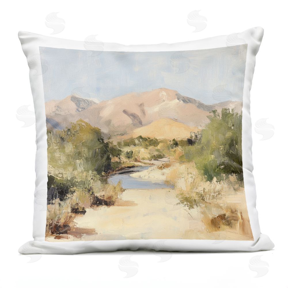 Petal Prints Design Beige Desert Mountain Stream Outdoor Square Printed Throw Pillow