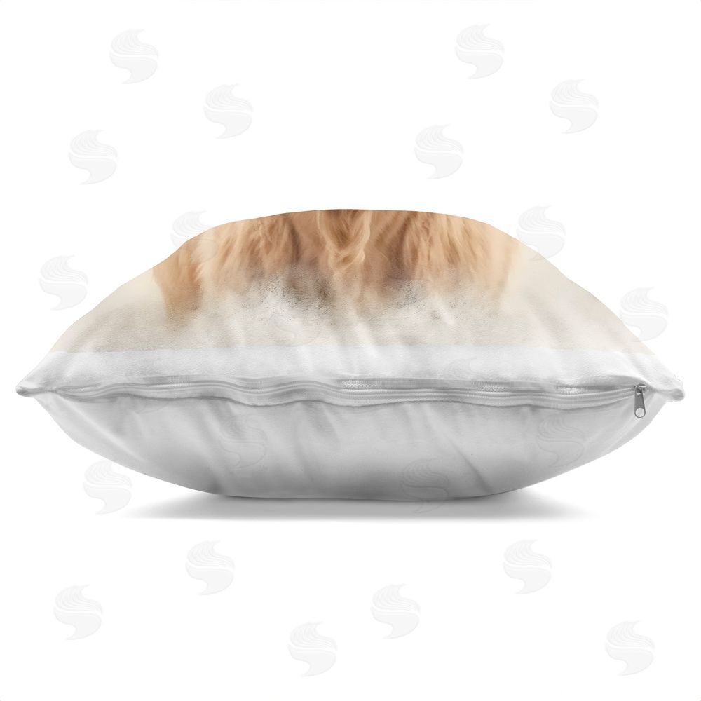 Creative Studio Dreamy Fluffy Highland Portrait Square Printed Throw Pillow Side View with Zipper Detail