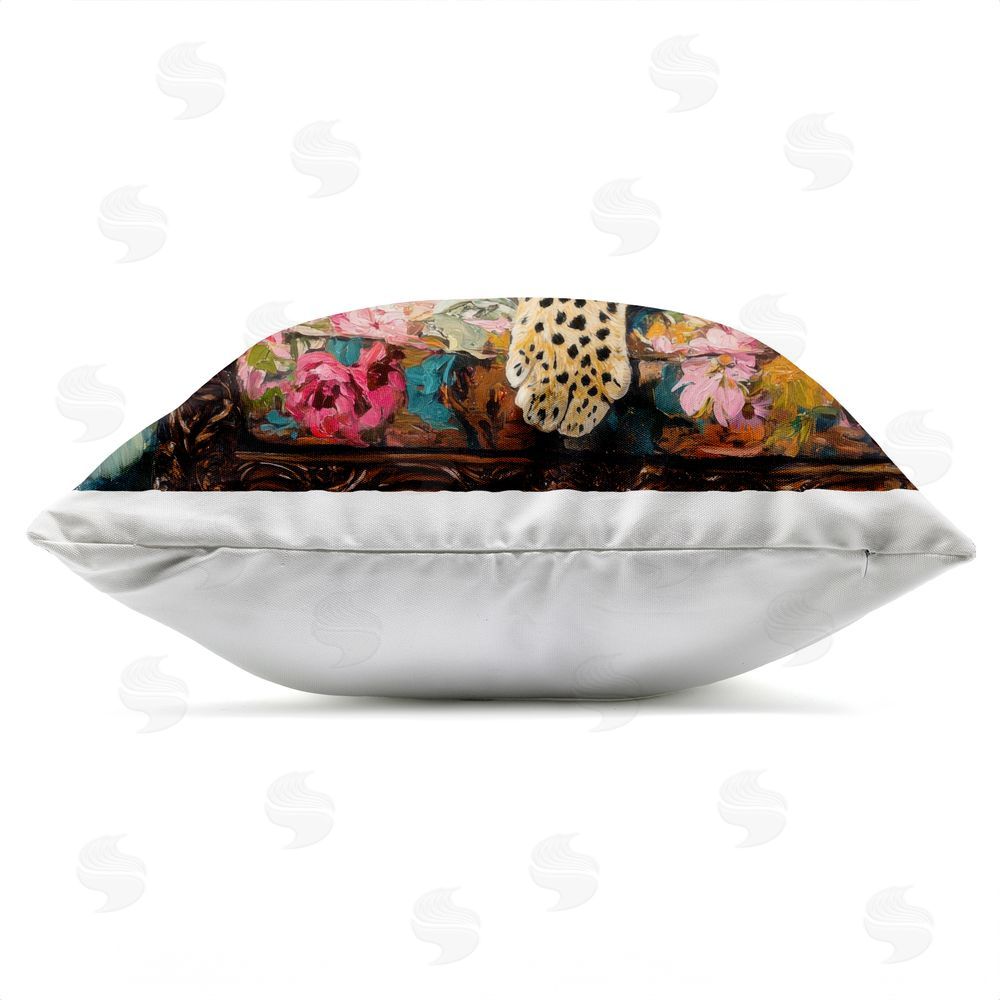 Petal Prints Design Fashionable Leopard on Floral Sofa Outdoor Square Printed Throw Pillow Side View with Zipper Detail