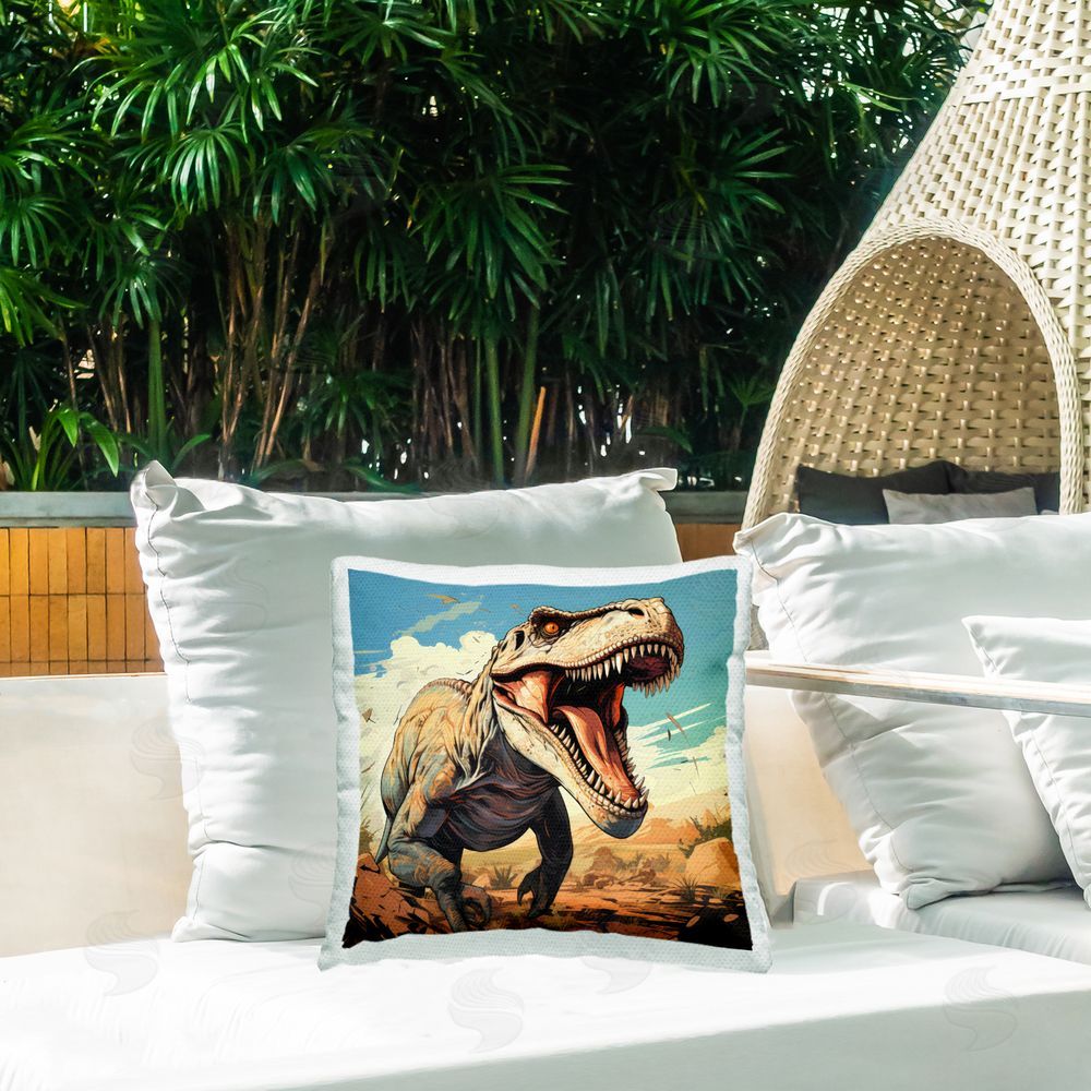 Creative Studio Velociraptor Desert Sunset Outdoor Square Printed Throw Pillow on Seat