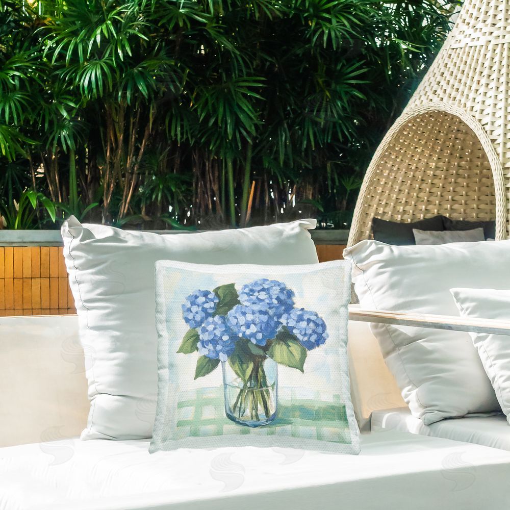 Petal Prints Design Quaint Picnic Hydrangeas Outdoor Square Printed Throw Pillow on Seat