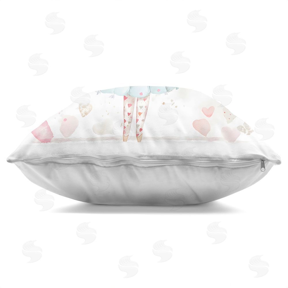 Creative Studio Cute Ballerina with Hearts Square Printed Throw Pillow Side View with Zipper Detail